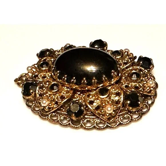 WEST GERMANY BLACK HEMATITE PEARL GOLD FILIGREE PENDANT & CLIP ON EARRINGS SET - Picture 2 of 12